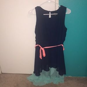 navy blue, salmon, turquoise dress.